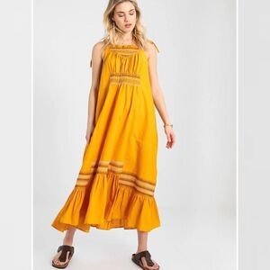 Free People Another Love Smocked Marigold Midi Dress Linen